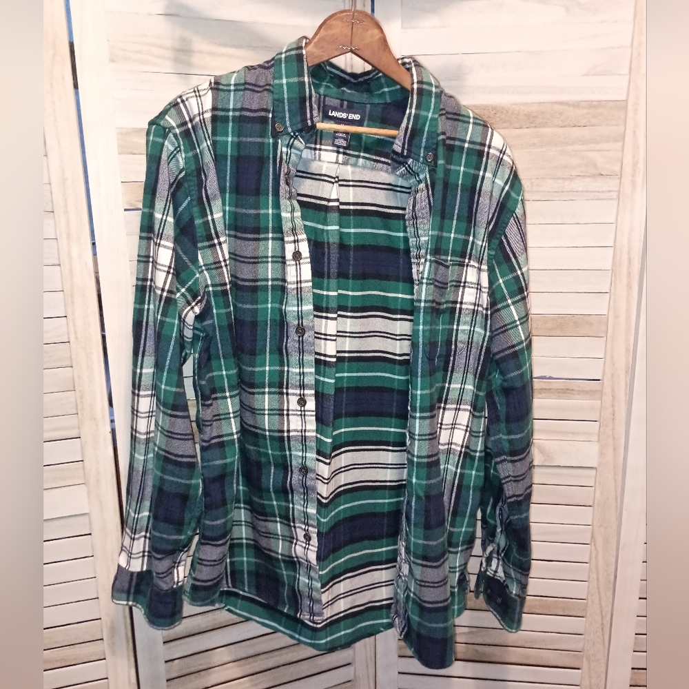 Lands' End Green and White Plaid Shirt